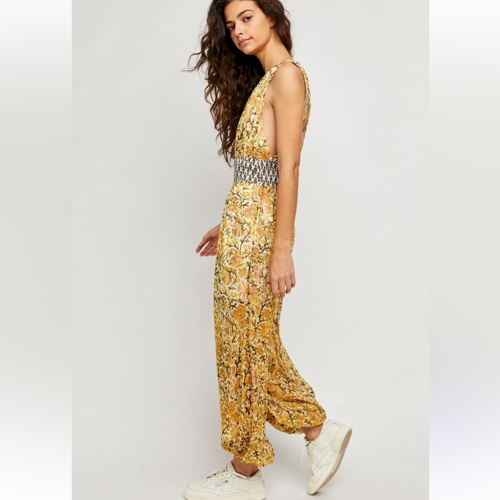 Free People Yellow Floral Sleeveless Jumpsuit with Smocked Waist